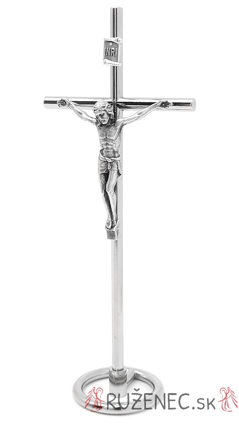 Kovový kříž s podstavcem 15cm - niklová barva