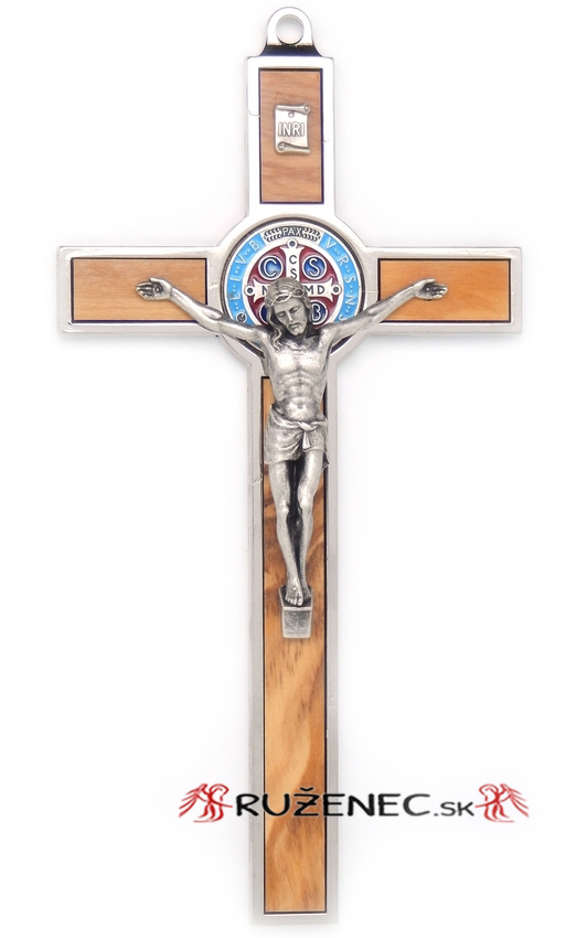 Kovový kříž 20cm - Sv. Benedikt - olivové dřevo + email