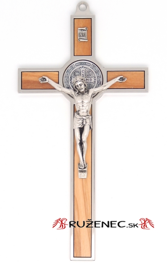 Kovový kříž 20cm - Sv. Benedikt - olivové dřevo