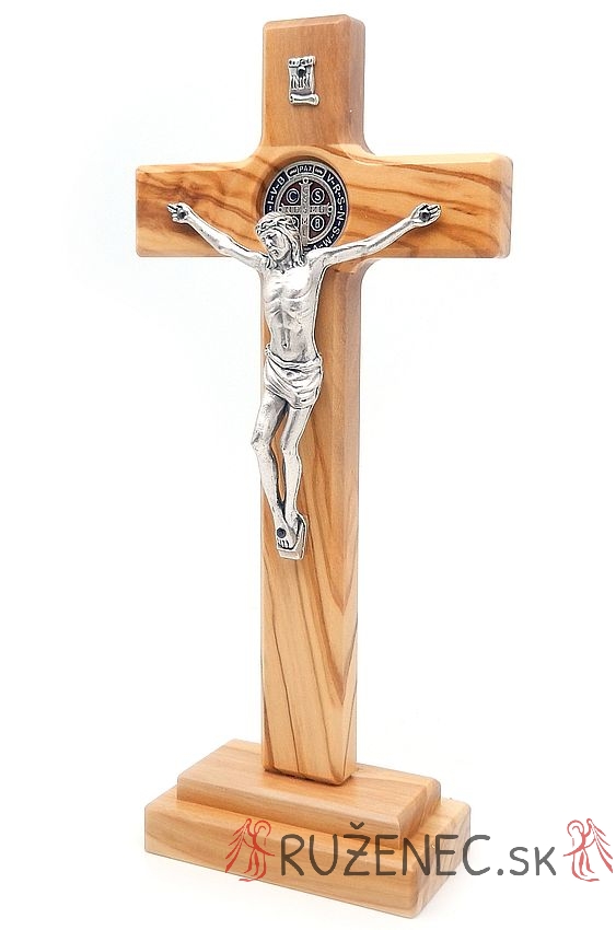 Dřevěný kříž s podstavcem 22cm - olivové dřevo - sv. Benedikt