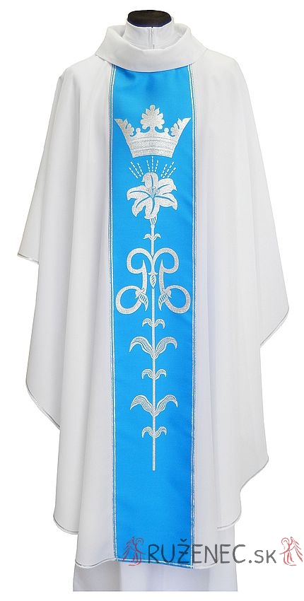 Bílý mariánský ornát - s modrým brokátovým pásem